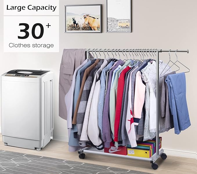 MISSLO Short Clothing Racks for Hanging Clothes with Bottom Shelves and Wheels Heavy Duty Rolling Clothes Rack Kids Clothing Rack for Adult Coat, Closet, Wardrobe