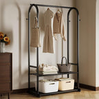 Sturdy metal clothes rack,Black freestanding clothing rack with bottom shelves and 6 side hooks,garment rack for hanging clothes,Wardrobe rack for Bedroom or cloakrooms