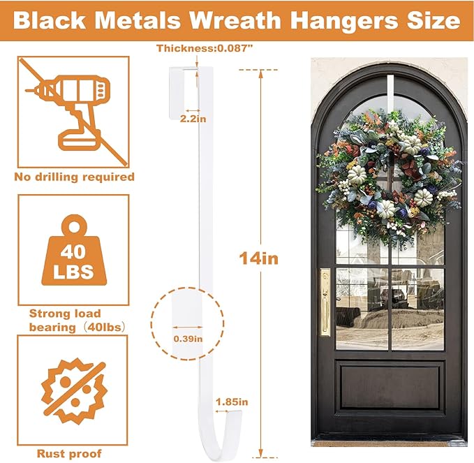 PECULA 2 Pack 14” Wreath Hangers for Front Door, Wreath Door Hanger 40lb Load-Bearing, Metal Wreath Hanger for Welcome Sign, Door Wreath Hanger for Halloween, Easter, Christmas Decorations (White)