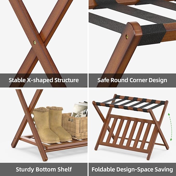 2 Pack Bamboo Luggage Rack for Guest Room, 26.77" Folding Wide Suitcase Stand with Storage Shelf, Thickened Luggage Stand Holder for Bedroom Hotel, Luggage Rack for Suitcases (Brown)