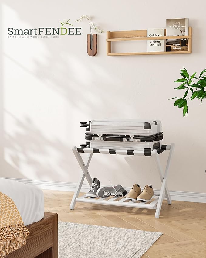 2 Packs Fully Assembled Luggage Racks with Shoe Shelf, Suitcase Stand with Fold & Lock System, Bamboo Luggage Stand Ideal for Guest Room, Bedroom, Hotel, White