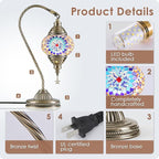 Yarra-Decor Turkish Moroccan Lamp with Bronze Base 3 Color Options Handmade Swan Neck Tiffany Mosaic Glass Bedside Lamps for Bedroom (LED Bulb Included)(1)