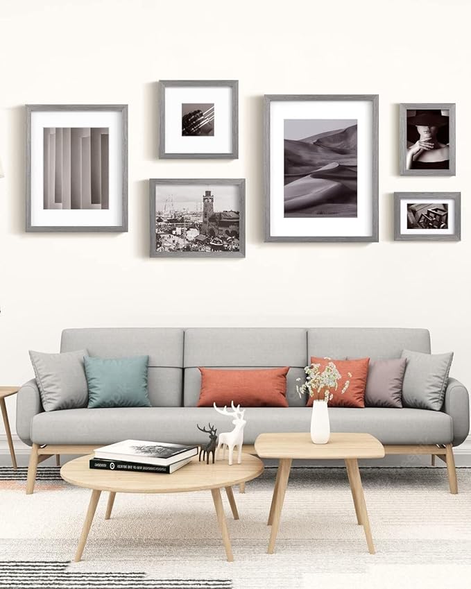 Egofine A4 Picture Frames Set of 4, Made of Solid Wood Covered by Plexiglass 5x7 and 6x8 with Mat or A4 without Mat, for Table Top Display and Wall Mounting Photo Frame Light Grey