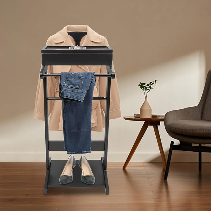 Clothing Rack with Top Tray,Tall Closet Storage Organizer Suit Valet Stand for Man,Steamer Stand Dresser Hat Holder,Tie & Belt Hooks and Shoe Rack for Entryway Office Living Room (black)