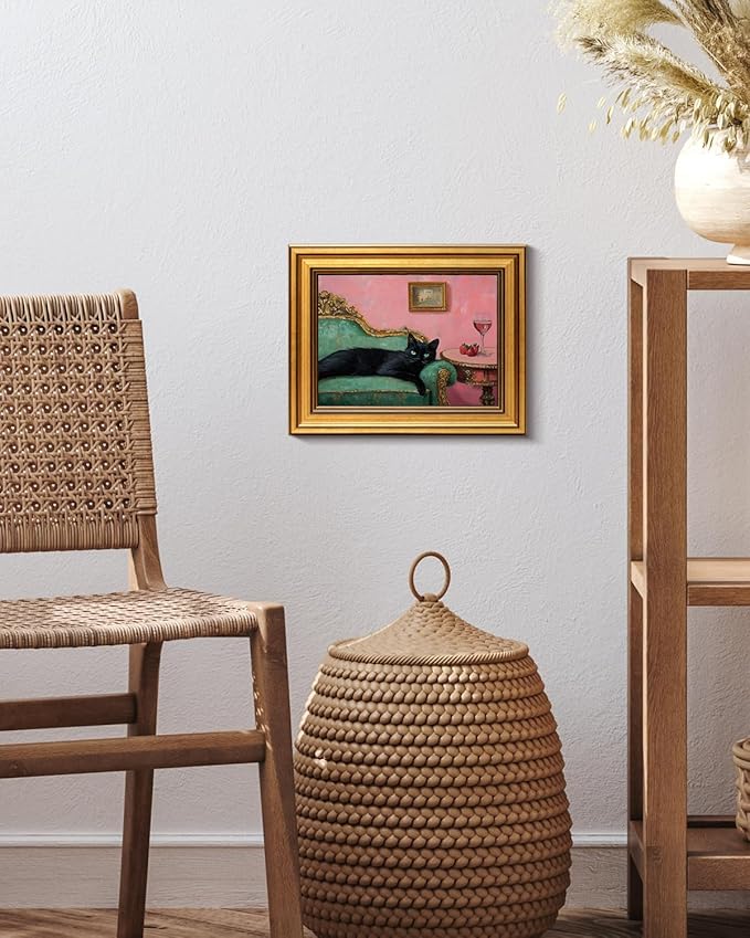VIYYIEA Vintage Gold Framed Wall Art for Living Room, Black Cat Canvas Prints Home Decor, Oil Painting Picture, Bedroom Wall Decor Gifts for Friends or Family -【Lying Cat】-(10L x 8W)