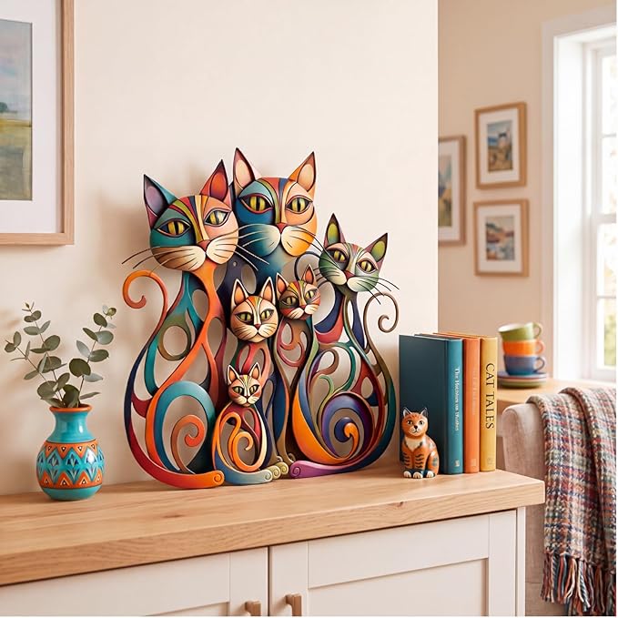Wesiti Cat Wall Art Decor Iron Wall Sculptures Decor for Cats Lover 12.3 x 13 Inches Colorful Retro Mid Century Cat Signs for Home Living Room Bedroom Kitchen Office
