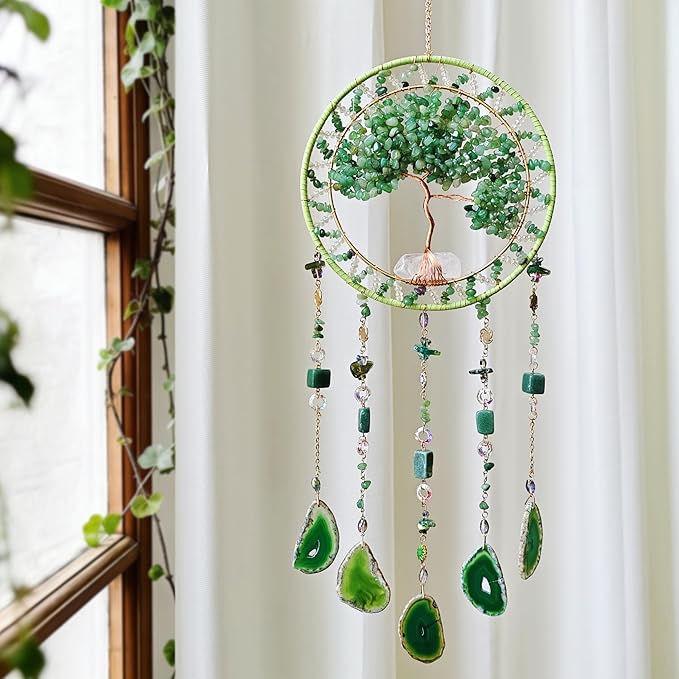 Tree Life Dream Catcher and Sun Catcher, Handmade Healing Crystal Boho Window Hanging for Home Decor, Rainbow Maker Wall Decor, for Women, Housewarming (Green)