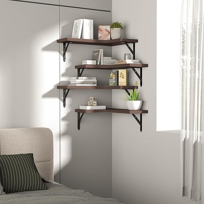 ROMGUAR CRAFT Corner Floating Shelves Wall Mounted Set of 4, Rustic Wood Storage Display Shelves for Home Decor, Bathroom, Kitchen, Bedroom, Living Room, Office (Brown)