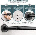 Svyrilk Industrial Pipe Clothes Rack 38.4" Wall Mounted, Heavy Duty Iron Garment Bar, Space-Saving Hanging Rod for Closet, Laundry Room, Bedroom, Black