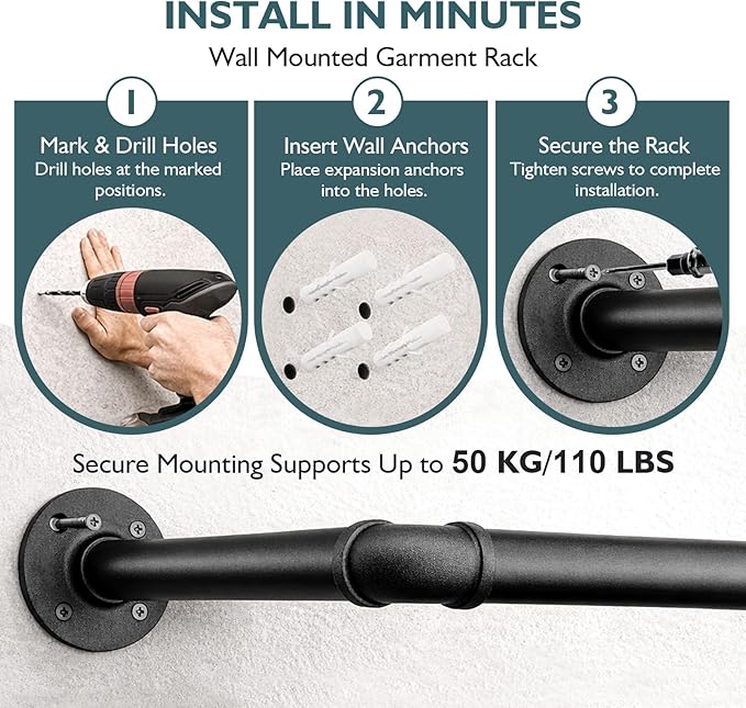 Svyrilk Industrial Pipe Clothes Rack 38.4" Wall Mounted, Heavy Duty Iron Garment Bar, Space-Saving Hanging Rod for Closet, Laundry Room, Bedroom, Black