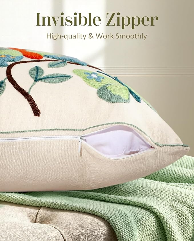 Embroidered Throw Pillow Cover 18x18 Inch - Spring Summer Boho Decorative Pillow Cover with Zipper for Living Room Couch Sofa Bed Aesthetic Design Branch Butterfly Cushion Pillowcase