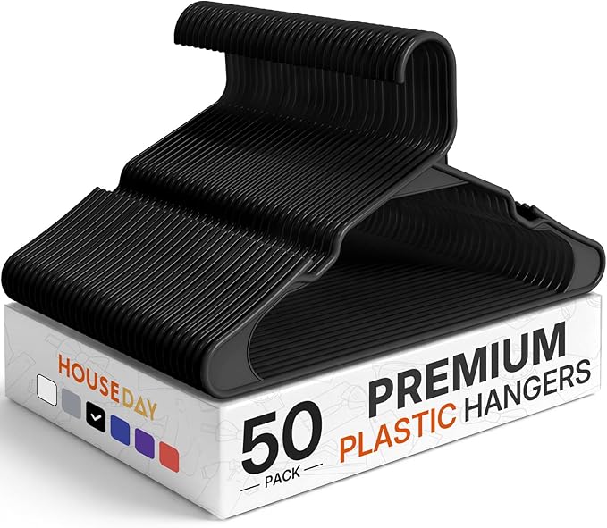 HOUSE DAY Plastic Hangers 50 Pack - Black Clothes Hangers with Non-Slip Shoulder Grooves, Durable and Sturdy Coat Hanger, Space Saving Slim Design Perfect for Closet Organizers and Storage