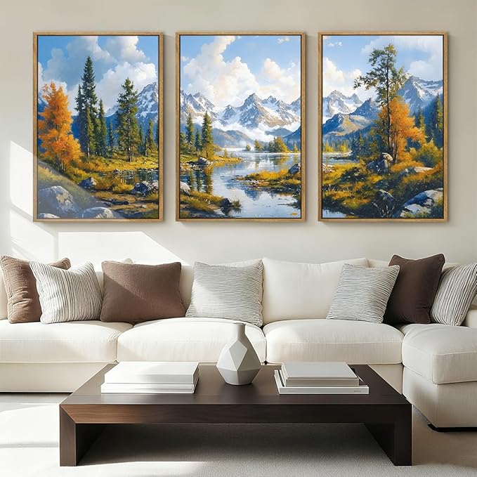 BINCUE Framed Mountain Landscape Wall Art Nature Forest Wall Decor Tree and River Art Print Nature Landscape Artwork Mountain Forest Wall Pictures for Living Room Bedroom Office Farmhouse 16x24 Inches Set of 3 Gift
