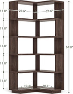 Armocity Corner Book Shelf - 6-Shelf Corner Bookshelf Etagere Bookcase with Baffle, Freestanding L Shaped Display Shelf Stand for Home Office, Living Room, Bedroom, Kitchen, Black Walnut