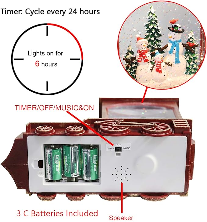 Musical Christmas Snow Globe Lantern Battery Operated with 6 Hour Timer Spinning Water Red Train Singing Lighted Snow Globe Lamp Holiday Decoration Gift(Snowman, 10.6 x 4.3 x 8.3 Inches)