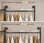 T1 Wall Mounted Closet System, Industrial Pipe Clothing Rack with 6 Wooden Shelves & 4 Telescopic Rods, Heavy Duty Closet Organizers and Storage in Wardrobe Closet (Rustic Brown)