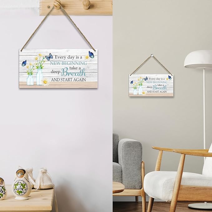 Motivational Inspirational Gift for Women Butterfly Decor Wood Hanging Sign, Wood Home Office Decor Sign Wall Plaque, Wall Art for Bedroom Wall Shelf Living Room, Everyday Is A New Beginning -21