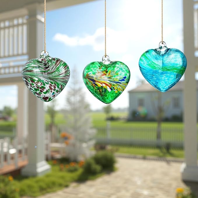 Set of 3 Green Blown Glass Heart Ornaments 4 Inch Hanging Decor for Outdoor Unique Home Garden Patio Decoration for Mom Wife