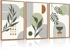 KAlRNE Sage Green Boho Beige Framed Canvas Wall Art Set of 3(24”X36”),Abstract Geometric Line Leaf Wall Decor,Botanical Minimalist Neutral Art Prints For Living Room Bedroom Office