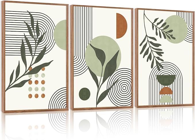 KAlRNE Sage Green Boho Beige Framed Canvas Wall Art Set of 3(16”X24”),Abstract Geometric Line Leaf Wall Decor,Botanical Minimalist Neutral Art Prints For Living Room Bedroom Office