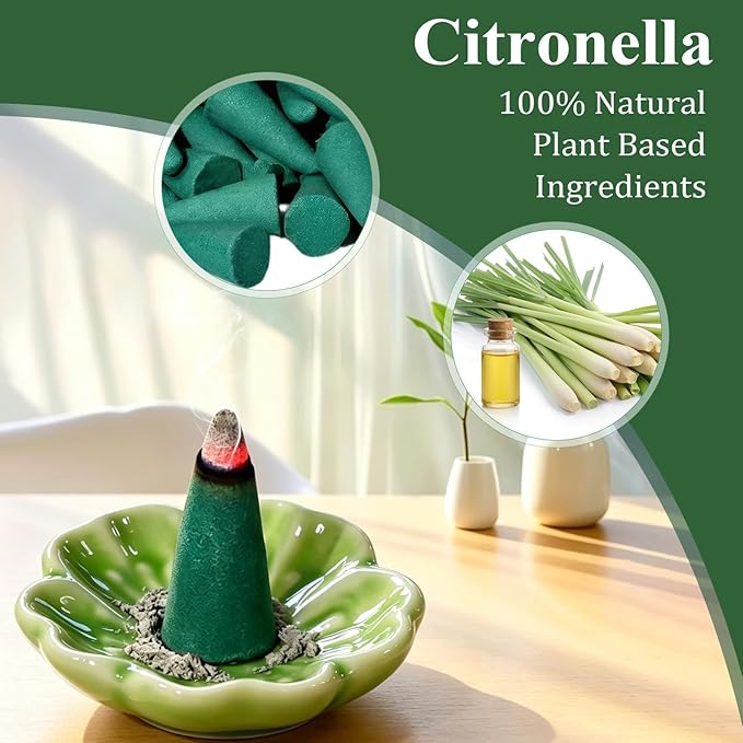 FIRIK Citronella Incense Cones (120 PCS) with 1 Holder, Lemongrass Cones Incense Gift Set for Indoor and Summer Outdoor Patio Camping Trip Garden Gathering