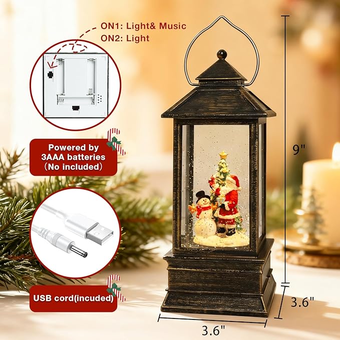 Impress Life Christmas Snow Globe Lantern with Light & Music, Santa & Snowman & Christmas Tree Battery/USB Operated Snow Globe with Glitter, Christmas Decorations Decor for Home