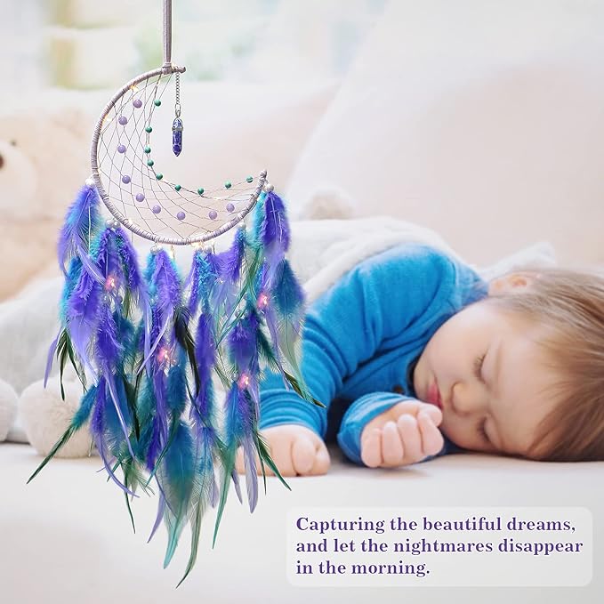 Dremisland Moon Dream Catcher with Fairy Lights-Handmade Feather Lucky Turquoise Pendant Beads Wall Hanging Ornament for Kids Bedroom Home Decoration,Art Craft Gift. (Blue&Purple)