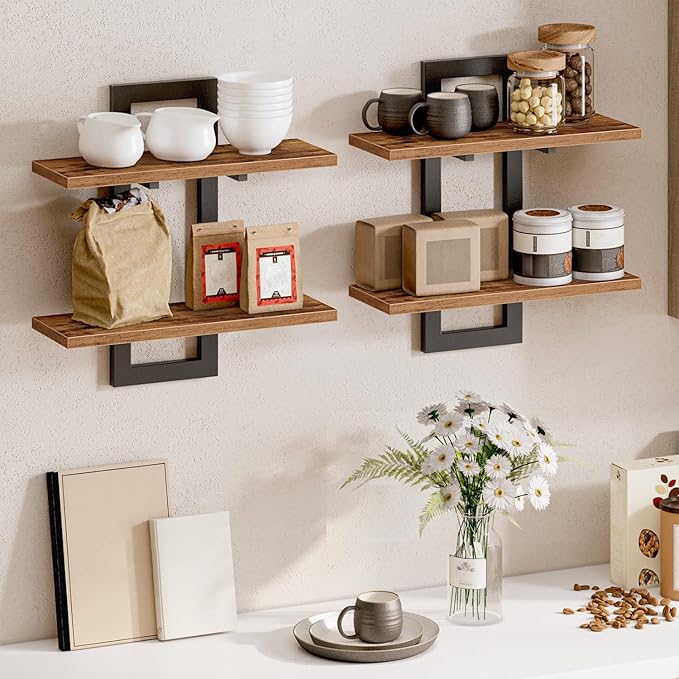 HOOBRO Floating Shelves, 15 Inch Wall Shelf Set of 2, Wall Mounted Storage Shelves 2-Tier, Hanging Bathroom Shelves, for Living Room, Bedroom, Bathroom, Kitchen, Rustic Brown and Black BF32BJ01G1