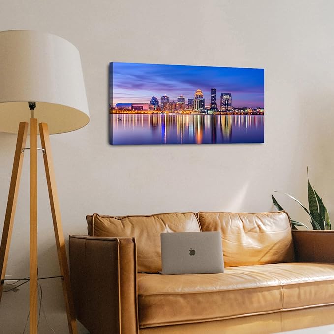 Louisville Skyline Wall Art Kentucky Wall Decor Sunset Downtown Pictures Waterfront Park Landscape Canvas Prints Painting Modern Cityscape Artwork for Bedroom Living Room Home Decoration 20x40”