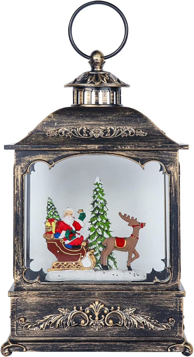 Wondise Christmas Muscal Snow Globe with Timer, USB Plug-in & Battery Operated Spinning Water Glitters Lighted Singing Snow Globe Lantern for Christmas Decorations(Santa)