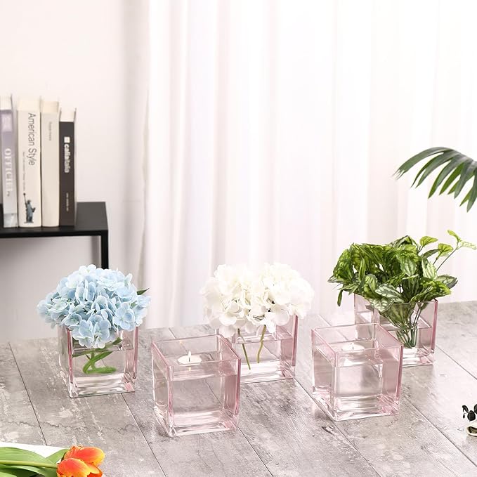 Square Glass Vases Set of 4, 4"x 4"x 4" Flower Vases for Centerpieces, Pink Glass Vase for Flowers, Small Vase for Wedding, Party, Home Office Decoration