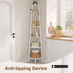 Hoctieon Corner Shelf, 6-Tier Corner Bookshelf, Rustic Ladder Shelf, Industrial Display Stand for Living Room, Kitchen, Home Office, Balcony, Small Space, Metal Frame, White