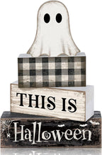 Lineshading 4 Pcs Ghost Halloween Decor Black and White Halloween Tiered Tray Decor Ghost Table Centerpiece Decorations Rustic Wooden Block Sign Gift for Home Shelf Kitchen Coffee Bar
