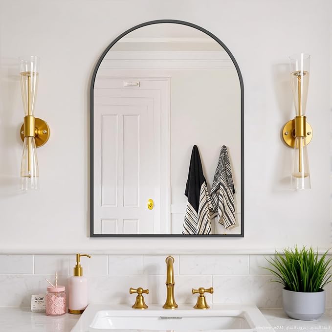 Bathroom Mirror for Wall, 30x20 Inch Arched Mirror, Matte Black Metal Framed Bathroom Vanity Mirror for Restroom Farmhouse, Anti-Rust, Tempered Glass, Hanging or Leaning