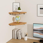Fun Memories Corner Shelf Wall Mount Set of 2 - Solid Oak Wood Floating Corner Shelf with Cable Hole, 10in Rustic Design for Bedroom, Living Room, Kitchen (Natural)