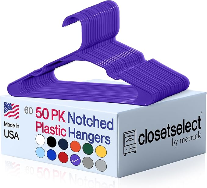Plastic Hangers 50 Pack - Space Saving Clothes Hangers, Made in USA, Durable & Strong Plastic Shirt & Coat Hanger with Notches & Shoulder Grooves, Non-Slip Clothing Hangers | Dark Grape