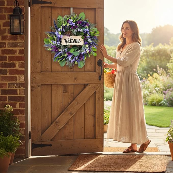 22 Inch Welcome Wreath for Front Door, Artificial Lavender and Eucalyptus Wreath for Spring Summer, Farmhouse Porch Decor Purple Floral Front Door Decoration for Wall Door Farmhouse