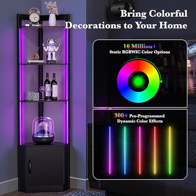 5-Tier Corner Shelf with RGB LED Light, 65" Tall Display Cabinet with Storage, Remote & APP Control, Adjustable Brightness/Color Temp, Floor Lamp with Shelves for Living Room Bedroom (Black)