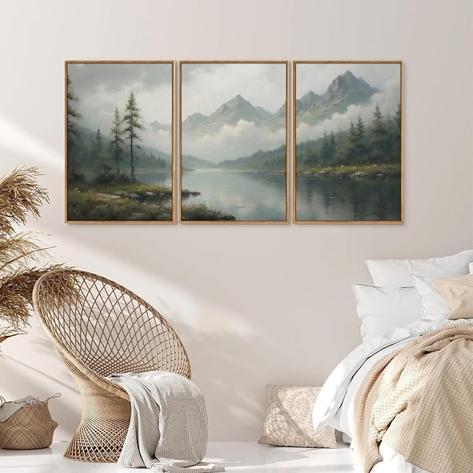 SIGNINART Large Green Forest Framed Canvas Wall Art Set, Misty Mountain Lake Wall Decor, Modern Foggy Wood Landscape Artwork, Nature Oil Painting Art Print for Living Room, Bedroom, Office 16"x24"x3