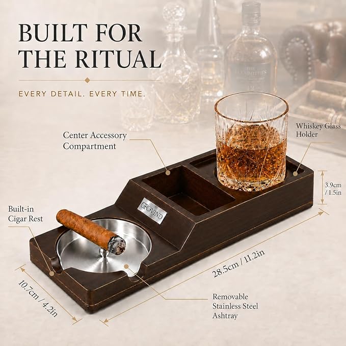 Cigar Ashtray,Wooden Ashtrays with Whiskey Glass Tray -Cigarette Holder,Cigar Accessories Set,cigar Gifts for Men Father's Day,Outdoor Ashtrays for Patio,Ash Trays Indoor Home Decor