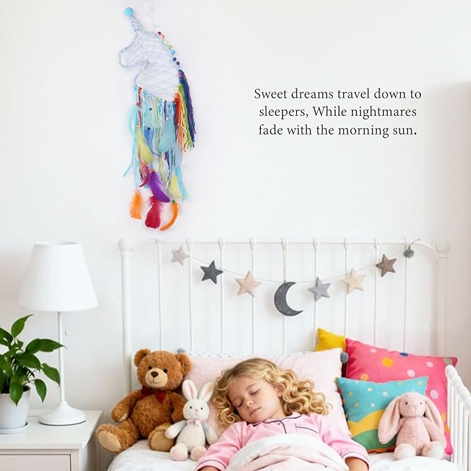 Pretty Jolly Unicorn Dream Catchers for Little Girls Bedroom Handmade Kids Dreamcatcher with Fluffy Pom Poms Feathers&Beads,Nursery Wall Decor for Toddler Girls Room,Children Birthday Gift(Blue)