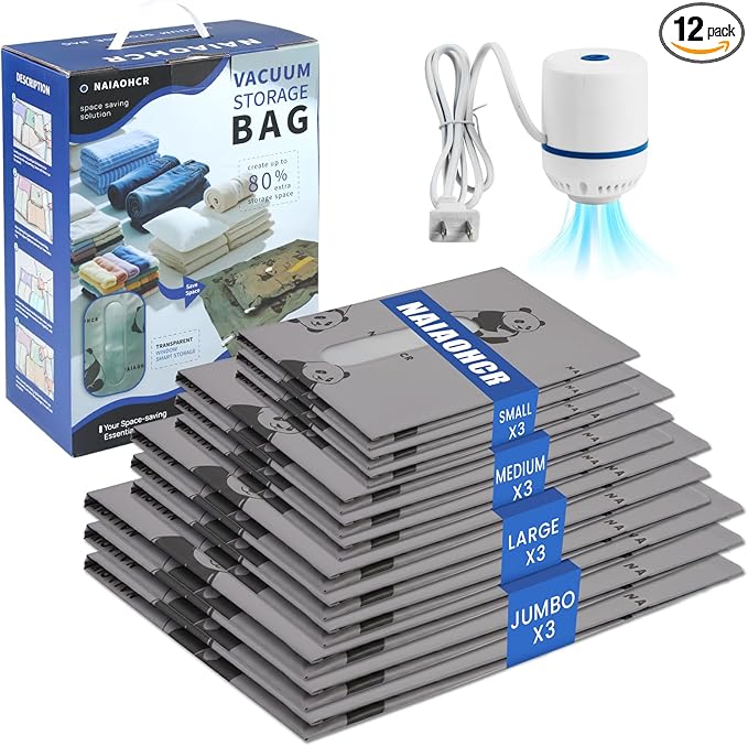 12 Pcs Vacuum Storage Bags for Clothing: Travel Vacuum Seal Bags with Electric Pump, Space Saver Vacuum Storage Bags for Bedding Blanket Luggage (3 Jumbo + 3 Large + 3 Medium + 3 Small)