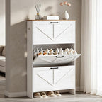 Nicetree Shaker Barn Door Shoe Storage Cabinet for Entryway, 3 Flip Drawers & 3-Tier Adjustable Shelves, Ultra Slim Freestanding, Modern Rustic Brushed White Farmhouse Shoe Rack for Hallway, Foyer