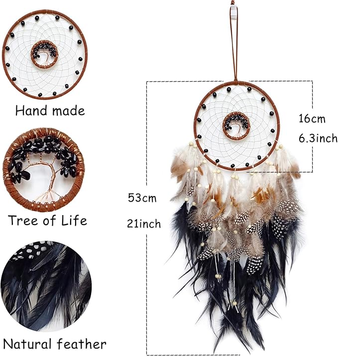 Black Dream Catcher Wall Decor Crystal Tree of Life Dream Catchers Handmade Feather Dreamcatcher Wall Hanging Ornament for Bedroom Living Room Home Decor