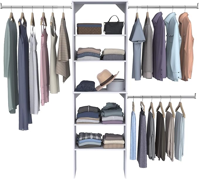 ClosetMaid SuiteSymphony Wood Closet Organizer System, 25-Inch Starter Kit with Tower and 3 Hang Rods and Shelving, Adjustable Shelves, Customizable Insert, Reach-in or Walk-in Closets, Pure White