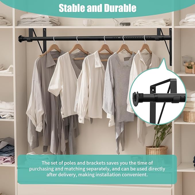 1.3 Inches Closet Rod, 17 to 87 Inch Clothes Rods Heavy Duty Closet Pole for Hanging Clothes and Clothes Poles Bracket Closet Rod Support (The Shelf NOT Included) (Black)