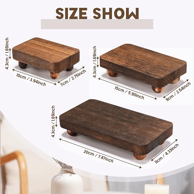 Maitys 3 Pcs Wooden Risers for Display Pedestal Stand Wooden for Decor Farmhouse Vintage Rustic Stackable Kitchen Stand Tray Riser, 3 Sizes(8 x 4.3, 6 x 3.5, 4 x 2.8 in,Brown)