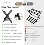 Fully Assembled Black Luggage Rack for Guest Room, Bamboo Foldable Suitcase Stand with 5 Nylon Straps, Upgraded Luggage Rack Holder with Shelf for Bedroom Hotel, Holds up to 165 Lbs, 1pcs