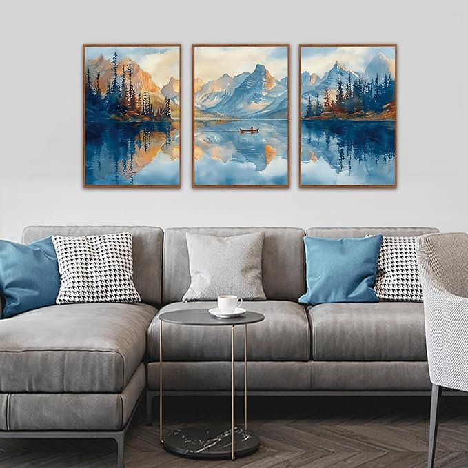 KAIRNE Landscape Wall Art Set of 3(24”X36”),Abstract Forest Canvas Paintings,Watercolor Blue Mountain Lake Prints,Framed Nature Scenery Artwork for Living Room Bedroom Home Office Gallery Decoration