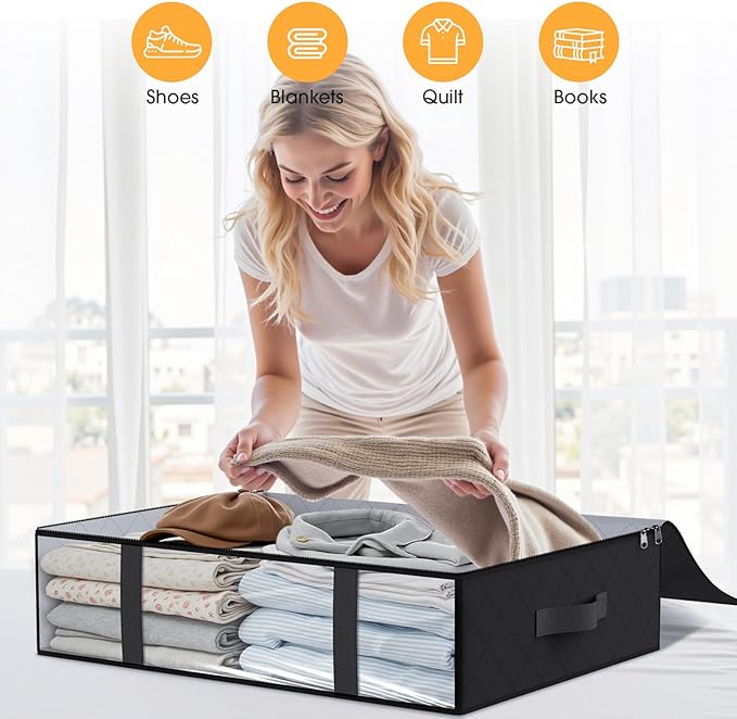 StorageRight Under Bed Storage Bags 2 Pack, 40L Large Clothes & Comforter Storage Containers with Clear Window, Breathable Fabric Organizer for Blankets, Bedding, Seasonal Clothing, Black